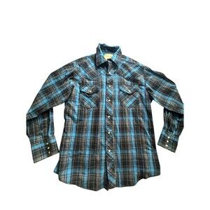 Wrangler men's Blue Black plaid‎ Large western shirt  pearl snaps Wrangler Retro